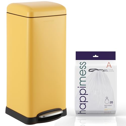 happimess Betty 8 Gal Step Trash Can Soft-Close Lid, Daffodil Yellow | Removable Liner, Semi-Rectangular, Steel Pedal, Iron Powder Coated, 27" Height, Non-Skid Base - color: Yellow