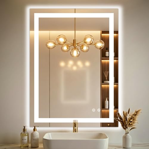 32x24 LED Bathroom Mirror with Lights, Lighted Vanity Mirror for Wall | Front and Backlit, Anti Fog, Dimmable 3 Color Lighting, Memory Function, Shatter Resistant Glass, Plug in or Hardwired - size: 32"L x 24"W