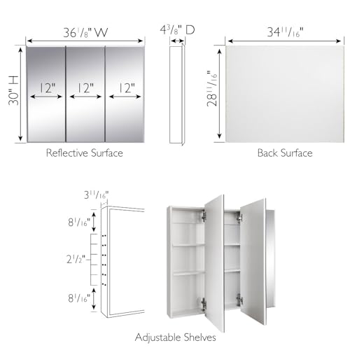 Design House Cyprus Medicine Cabinet, 3 Frameless Mirrored Doors, 2 Adjustable Shelves, Pre-Assembled, Surce or Recess-Mounted, White, 36.3 in. W x 4.4 in. D x 30.1 in. H, 590265 | Adjustable Shelves, Wall Mount, Contemporary/Modern, Wood, Bath, 590265 -