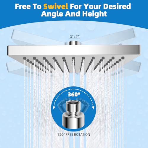 Hibbent cUPC Certified Thickness Metal 8'' Square Rain Shower Head, Chrome | High Pressure Shower Head, Bathroom Waterfall Shower Heads, High Flow Fixed Showerheads with Adjustable Brass Ball Joint - color: Chrome, style: Square 8''
