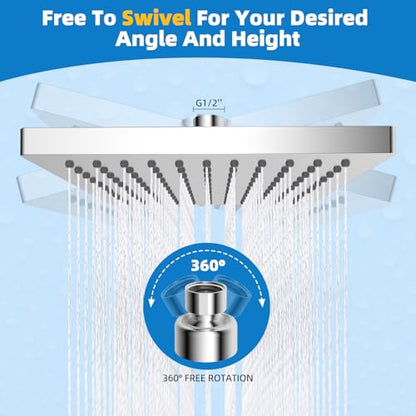 Hibbent cUPC Certified Thickness Metal 8'' Square Rain Shower Head, Chrome | High Pressure Shower Head, Bathroom Waterfall Shower Heads, High Flow Fixed Showerheads with Adjustable Brass Ball Joint - color: Chrome, style: Square 8''