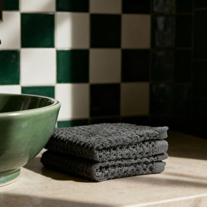 Sedona Waffle Washcloths, 410 GSM 100% Cotton, Set of 2, Soft Textured Face Towels, Quick-Drying & Gentle (Charcoal) - color: Charcoal, style: Washcloth (Set of 2)