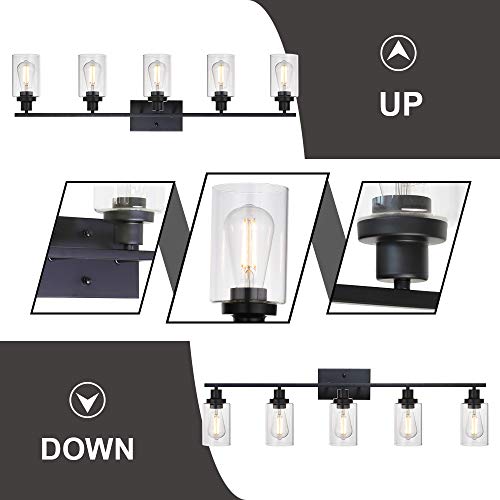MELUCEE 40 Inches Length 5-Light Bathroom Vanity Light Fixtures Black | Industrial Wall Sconce Lighting with Clear Glass Shade for Living Room Bedroom Hallway Kitchen (Patent No.: US D963914 S) - color: Black, size: 5-Light