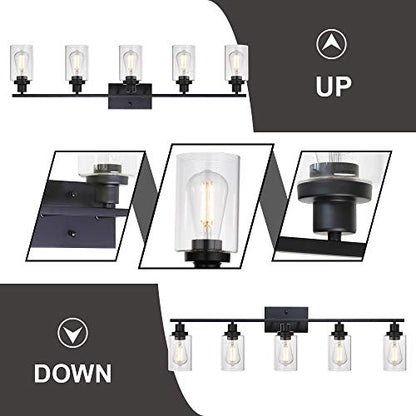 MELUCEE 40 Inches Length 5-Light Bathroom Vanity Light Fixtures Black | Industrial Wall Sconce Lighting with Clear Glass Shade for Living Room Bedroom Hallway Kitchen (Patent No.: US D963914 S) - color: Black, size: 5-Light