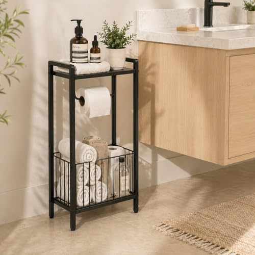 Bathroom Toilet Paper Holder Stand with Storage Basket and Top Shelf, Free-Standing Toilet Tissue Organizer for Small Bathrooms, Metal Toilet Paper Rack with Magazine Holder – Matte Black - color: Black