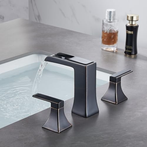 Oil Rubbed Bronze Bathroom Faucet, Sanliv 2-Handle Widespread Bathroom Faucet for 3-Hole Sinks 4-16 inch, Bronze Waterfall Vanity Faucet with Pop-Up Drain (ORB) - color: Oil Rubbed Bronze