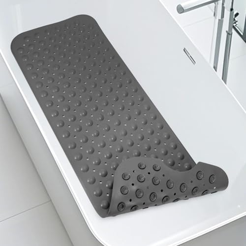 WarmSnow（TPE） Long Bathtub Mat Non Slip 39.5 x 16 Inch, Inside Shower Mats with Suction Cups & Drain Holes, Soft TPE Bath Mat for Tub, Quick-Drain Bathroom Floor Mats, Dark Gray - color: Dark Gray, size: 39.5" x 16" (Rectangular)
