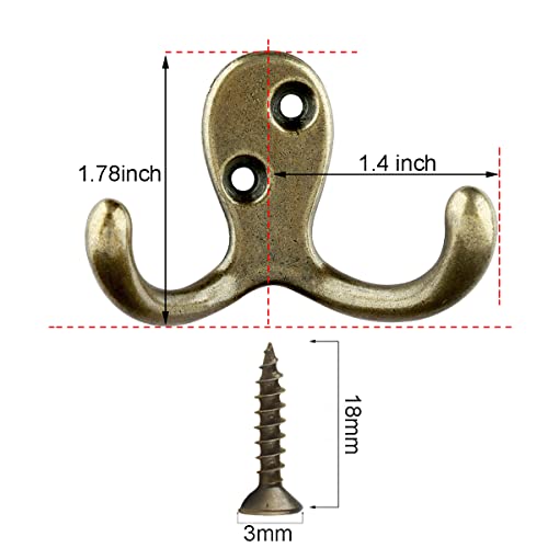 IBosins 10 Pack Antique Brass Double Prong Coat Hooks for Coat, Scarf, Bag | Heavy Duty Retro Double Hooks Utility Hooks for Coat, Scarf, Towel, Key, Cap, Cup, Hat - color: 10 Pcs Antique Brass