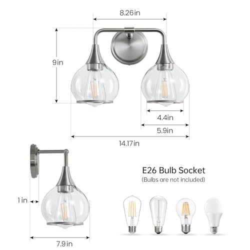 Brushed Nickel Bathroom Vanity Light 2 Lights Bathroom Light Fixtures Over Mirror with Clear Glass Shade 14 inch Wall Sconce Lighting Bath(Exclude E26 Bulb) - color: Brushed Nickel, size: 2 Light