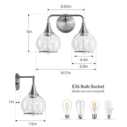 Brushed Nickel Bathroom Vanity Light 2 Lights Bathroom Light Fixtures Over Mirror with Clear Glass Shade 14 inch Wall Sconce Lighting Bath(Exclude E26 Bulb) - color: Brushed Nickel, size: 2 Light