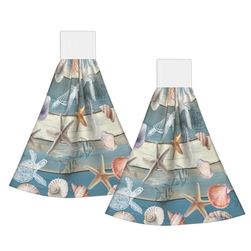 Giwawa Coastal Starfish Kitchen Hanging Towel Set of 2 Summer Sea Turtle Hand Tie Towel Soft Dish Tea Bar Towels for Bathroom Tabletop Room Decor - color: Coastal Starfish Turtle