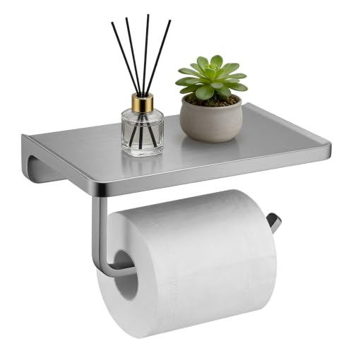 TRUSTMI Toilet Paper Holder with Shelf & Phone Stand, Brushed Nickel | Solid zinc alloy holder holds 15 lbs and fits jumbo rolls. Shelf stores phones and wipes for easy bathroom organization. - color: Brushed Nickel, size: 7.1" x 4.3"