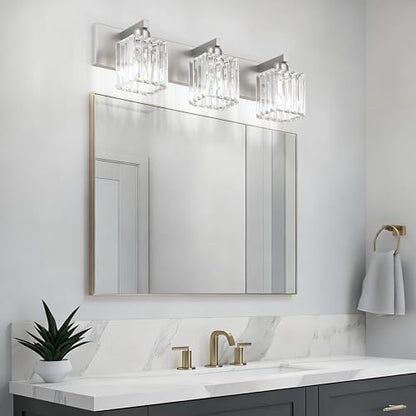 Aipsun Brushed Nickel Vanity Light Bathroom Lighting Fixtures 3 Light Crystal Modern Bathroom Vanity Light (Exclude Bulb) - color: Brushed Nickel, size: 23 inch