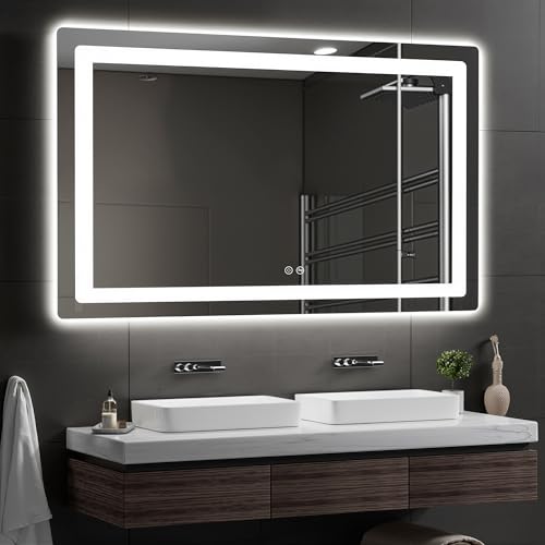 TRAHOME LED Bathroom Vanity Mirror with Lights, 30"x50" Lighted Wall Mirror | Front and Backlit, Anti Fog, Dimmable 3 Color Lighting, Memory Function, Shatterproof Glass, Plug in or Hardwired - color: Unframed, size: 30"L x 50"W