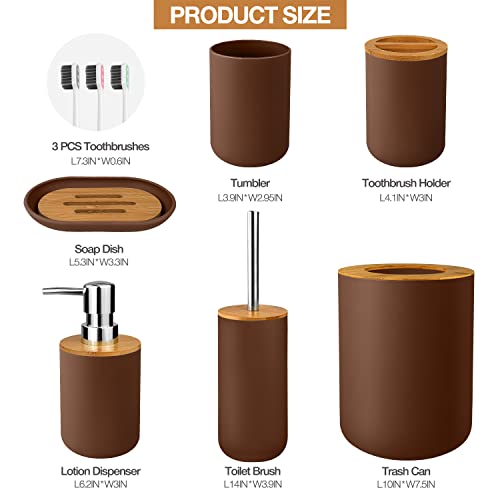 Bathroom Accessory Set, 6 Pcs Bathroom Essential Includes Toothbrush Holder, Toilet Brush with Soap Dispenser, Toothbrush Cup, Soap Dish, Trash Can (Brown, Bamboo) - style: Brown