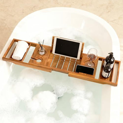 Expandable Teak Bathtub Tray - Luxury Wooden Bath Caddy & Tub Shelf, Over-The-Tub Bath Table with Book & Wine Glass Holder, Waterproof Bathroom Organizer for Spa Experience