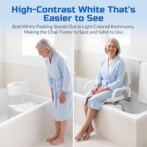 Swival Shower Chair with Padded seat for Inside ShowerFor Senior, Bath Seat | Sit Securely While Bathing - White, padded seat, padded armrests, swivel seat, tool-free assembly, 600 lb