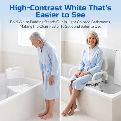Swival Shower Chair with Padded seat for Inside ShowerFor Senior, Bath Seat | Sit Securely While Bathing - White, padded seat, padded armrests, swivel seat, tool-free assembly, 600 lb
