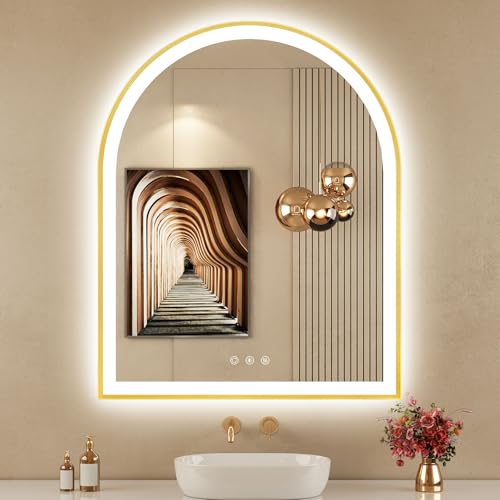 30"x36" Arched LED Lighted Bathroom Mirror with Lights | Gold Aluminum Frame, Fogless, Dimmable, Shatterproof, Touch Sensor, 3 Color Changing - color: Brushed Gold, size: 36"L x 30"W