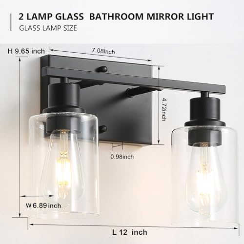 Bathroom Vanity Light Fixtures, 2-Light Matte Black Bathroom Lights, Wall Sconces with Clear Glass Shade for Hallway Farmhouse Bedroom Living Room - color: Black 2-Light