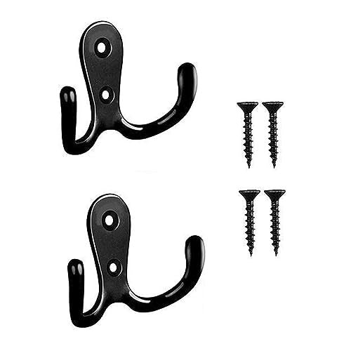 2 Pcs Double Prong Robe Hooks, Dual Coat Hooks Wall Mounted Hanging Clothes for Bathroom Bedroom Door Wall Retro Metal Cloth Hanger Double Coat Hooks with 4 Screws (Black) - color: Black