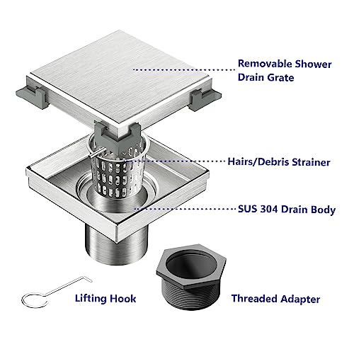Neodrain 4" Brushed Square Shower Drain with Removable Tile Insert Grate | 304 Stainless Steel Tile Square Drain, Hidden Drain,Easy to Clean, Waterproof & Sturdy Shower Drain, CUPC Certified - color: Brushed, size: 4 IN