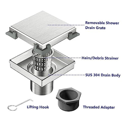 Neodrain 4" Brushed Square Shower Drain with Removable Tile Insert Grate | 304 Stainless Steel Tile Square Drain, Hidden Drain,Easy to Clean, Waterproof & Sturdy Shower Drain, CUPC Certified - color: Brushed, size: 4 IN