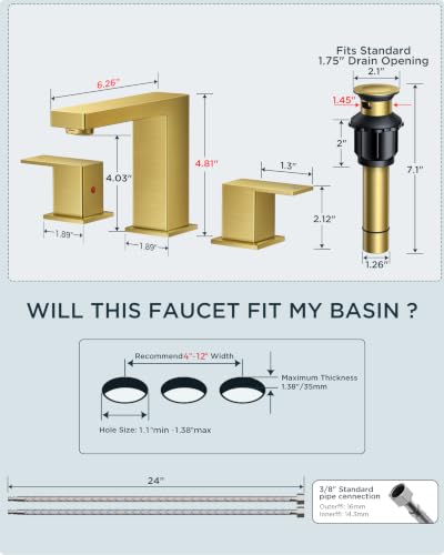 QFN Bathroom Faucet 3 Hole 8 Inch Widespread for Vanity Faucet Brushed Gold | Two Handles Bathroom Sink Faucet Lead-Free Square Design with Supply Lines, 4-12 Inch 3 Hole Install, for RV Vanity Laundry - color: Brushed Gold, style: Square