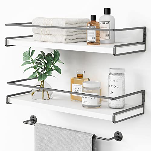 Forbena White Floating Shelves for Bathroom Organizer Over Toilet, Bathroom Shelves Wall Mounted with Towel Rack, Corner Wall Shelf for Bedroom Decor Kitchen Storage (White-Dark Grey, Set of 2) - color: 2. White-dark Grey