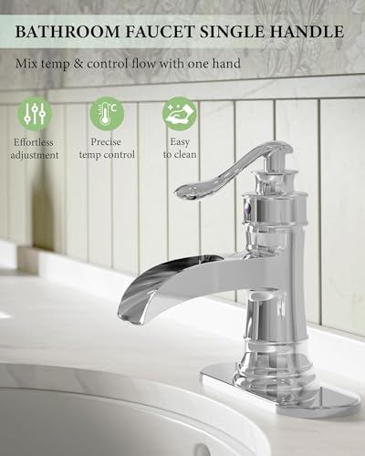 Bathroom Faucet Chrome Waterfall Bathroom Sink Faucets with Single Handle | Rustic Vanity Farmhouse RV Faucet Suitable for 1 or 3 Holes with Pop-up Drain Deck Plate Hose by Homevacious - color: Chrome