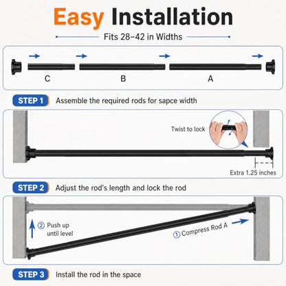 ALLZONE Shower Curtain Rod Spring, 28-42 Inch Heavy Duty Tension Rods No Drilling, Anti-Slip Shower Rods, Adjustable Tension Curtain Rod for Window/Bathroom/Closet, Black - color: Black, size: 28-42 Inches