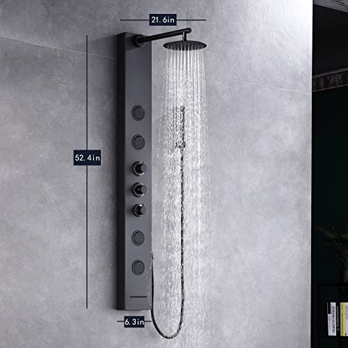 Achelous Round Rainfall Shower Head Panel System with Thermostatic,Stainless Steel High Pressure Turbo Body Jets Waterfall Shower Tower,Brass Handheld Wand in Matte Black - style: Round