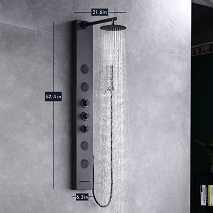 Achelous Round Rainfall Shower Head Panel System with Thermostatic,Stainless Steel High Pressure Turbo Body Jets Waterfall Shower Tower,Brass Handheld Wand in Matte Black - style: Round