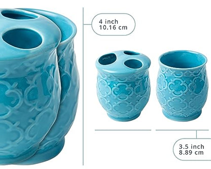 Comfify 4-Piece Bathroom Accessory Set - Ceramic Bath Set with Blue Glossy Finish - Modern Vanity Accessories Including Soap Dish, Tumbler, and Toothbrush Holder | Blue; 4-piece ceramic; Moroccan trellis embossed; dispenser, toothbrush holder, tumbler, so