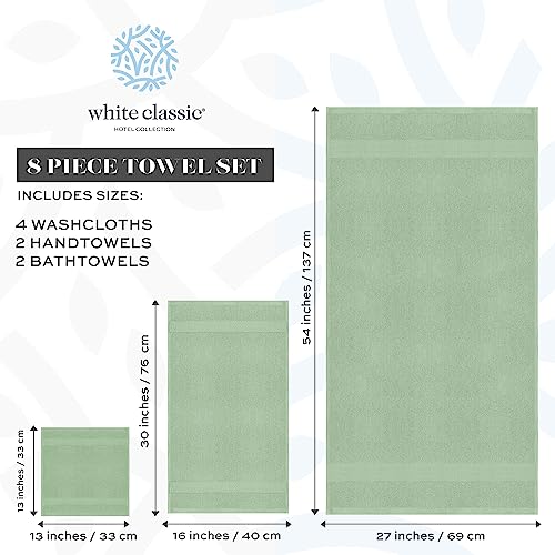 White Classic 8-Piece Light Green Towel Set [2 Bath Towels, 2 Hand Towels, 4 Washcloths] and 2 Luxury Bath Mats 22 x 34 | Cotton, Highly Absorbent and Quick Dry for Hotels, Spa and Bathroom