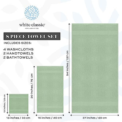 White Classic 8-Piece Light Green Towel Set [2 Bath Towels, 2 Hand Towels, 4 Washcloths] and 2 Luxury Bath Mats 22 x 34 | Cotton, Highly Absorbent and Quick Dry for Hotels, Spa and Bathroom