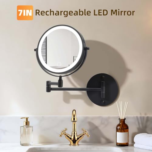 Wall Mounted Makeup Mirror with Lights, 8" Rechargeable 1X/10X Magnifying Mirror, 360° Swivel Extendable Arm, 3 Color LED (1, Black) - color: Black
