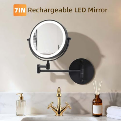 Wall Mounted Makeup Mirror with Lights, 8" Rechargeable 1X/10X Magnifying Mirror, 360° Swivel Extendable Arm, 3 Color LED (1, Black) - color: Black