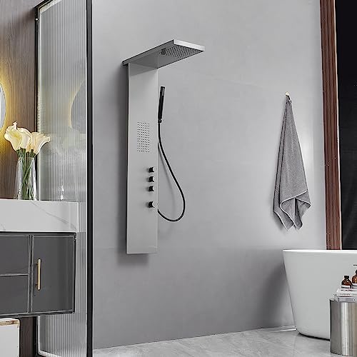 BWE Stainless Steel Shower Panel Tower System 3 IN 1 Brushed Nickel | Shower Panel - Rainfall Shower Head and Handheld with Massage Body Jets - Wall Mount - color: Brushed Nickel