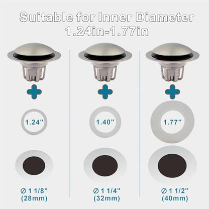 WELSAN Brushed Nickel Sink Stopper Bathroom Drain 1 1/8"-1 1/2", 2 Pack | Bathroom Sink Stopper Replacement, Universal Pop-Up Drain Stopper Plug Strainer with Hair Catcher, Anti-Clogging Design - color: Brushed Nickel-2
