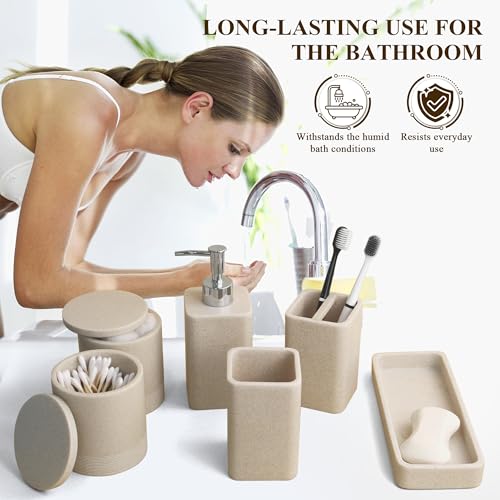 Bathroom Accessories Set, 6 Piece Soap Dispenser Set - Sand Beige | Bathroom Set with Toothbrush Holders, Soap Dispenser, Vanity Tray, Tumbler, Cotton Swab Jars, Bathroom Organizer and Storage - color: Beige