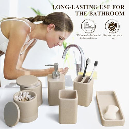 Bathroom Accessories Set, 6 Piece Soap Dispenser Set - Sand Beige | Bathroom Set with Toothbrush Holders, Soap Dispenser, Vanity Tray, Tumbler, Cotton Swab Jars, Bathroom Organizer and Storage - color: Beige