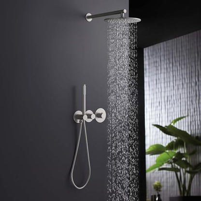 Circular Brushed Nickel Thermostatic Shower System – Rainfall & Handheld Shower Head Set | 2-Function Shower Faucet Set with Rough-In Valve | Solid Brass Build & Temperature Control (KSF410BN) - color: Brushed Nickel