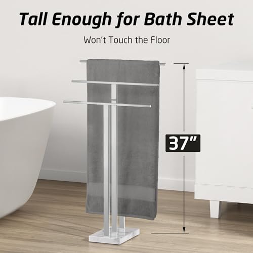 KES Heavy Marble Base Standing Towel Rack, 3-Tier Stainless Steel, Polished | Freestanding Design, No-Drill Assembly, Tiered Bars For Bath Sheets, Bath Towels, Hand Towels, Anti-Slip Pads - color: Polished Silver