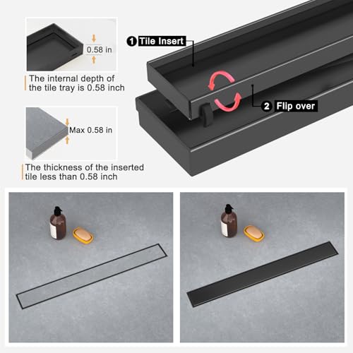 Linear Shower Drain - 28 Inch Matte Black, with Tile Insert Panels | AISI 304 Stainless Steel Shower Drain with Adjustable Feet, Hair Catcher, Rectangle Shower Floor Drain Fits Bathroom, Balcony - color: Matte Black, size: 28 Inch