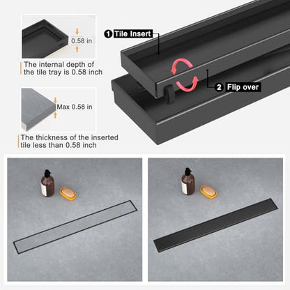 Linear Shower Drain - 28 Inch Matte Black, with Tile Insert Panels | AISI 304 Stainless Steel Shower Drain with Adjustable Feet, Hair Catcher, Rectangle Shower Floor Drain Fits Bathroom, Balcony - color: Matte Black, size: 28 Inch