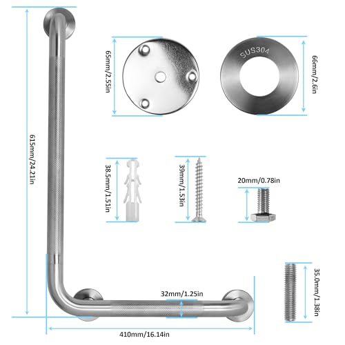 Angled Shower Grab Bar, 16x24 Inch Stainless Steel Bathroom Grab Bar, 1.25" Diameter L-Shaped Brushed Nickel Grab Bars for Bathtubs and Showers, Handicap Shower Grab Bar for Seniors Elderly - size: 16x24 Inch