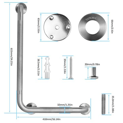 Angled Shower Grab Bar, 16x24 Inch Stainless Steel Bathroom Grab Bar, 1.25" Diameter L-Shaped Brushed Nickel Grab Bars for Bathtubs and Showers, Handicap Shower Grab Bar for Seniors Elderly - size: 16x24 Inch