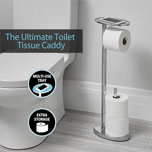 Better Living Ovo Toilet Paper Caddy with Top Shelf, Chrome | Bathroom Toilet Paper Storage Holder Stand with Dispenser and Reserve for 2 Extra Jumbo Rolls, Metal Freestanding