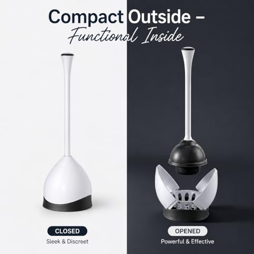 Toilet Plunger with Caddy, Heavy Duty Suction Cup, 19.5 Inch, Compact Holder for Bathroom Cleaning, White